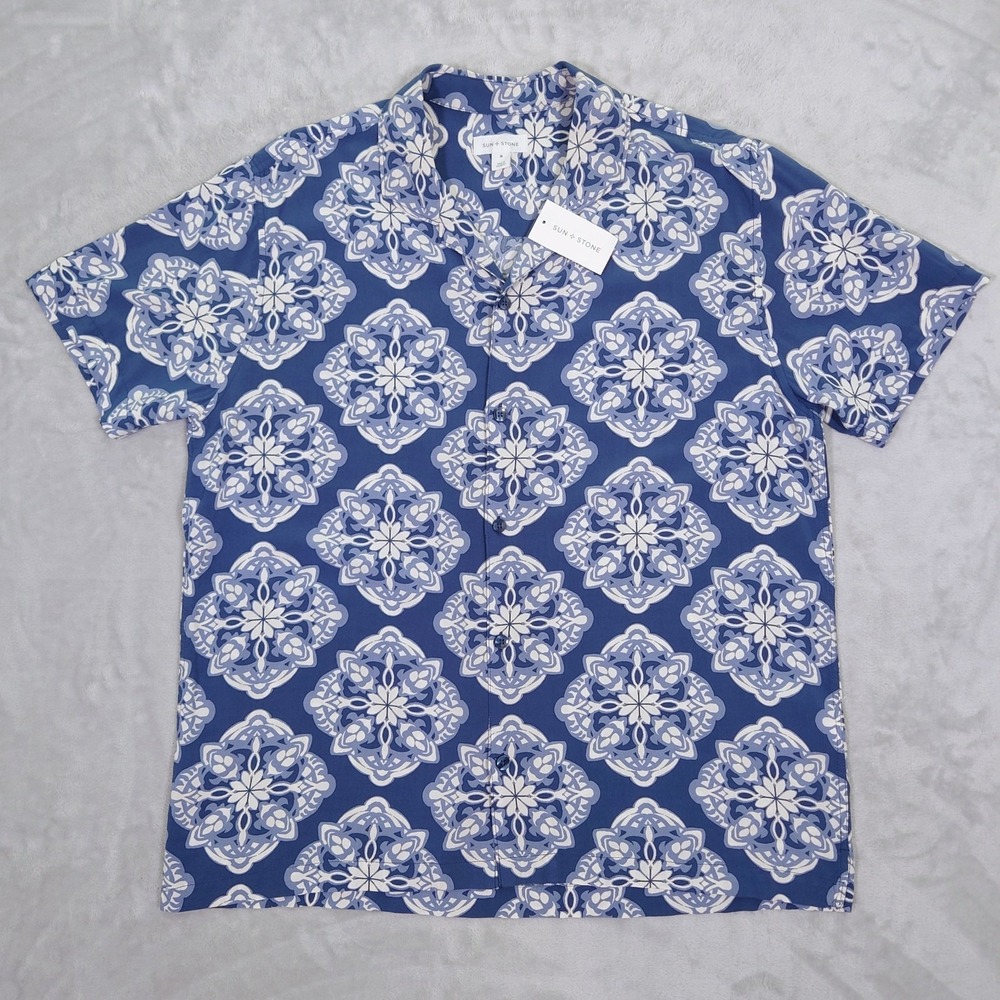 Sun + Stone Camp Shirt Mens M Woven Rayon Short Sleeve Button Up Indigo Blue